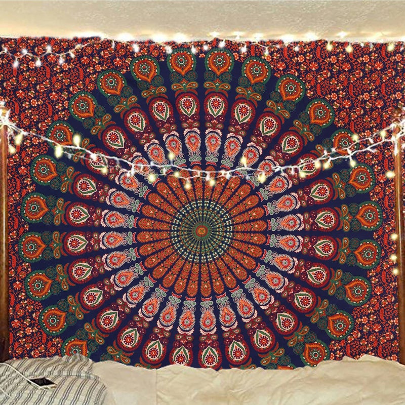 Bless International Handmade Indian hippie Bohemian Psychedelic Peacock Mandala Wall hanging College Dorm Beach Throws Table Cloth Bedding Tapestry (Golden Red Green, Queen(84x90Inches)(215x230Cms)) - Image 5